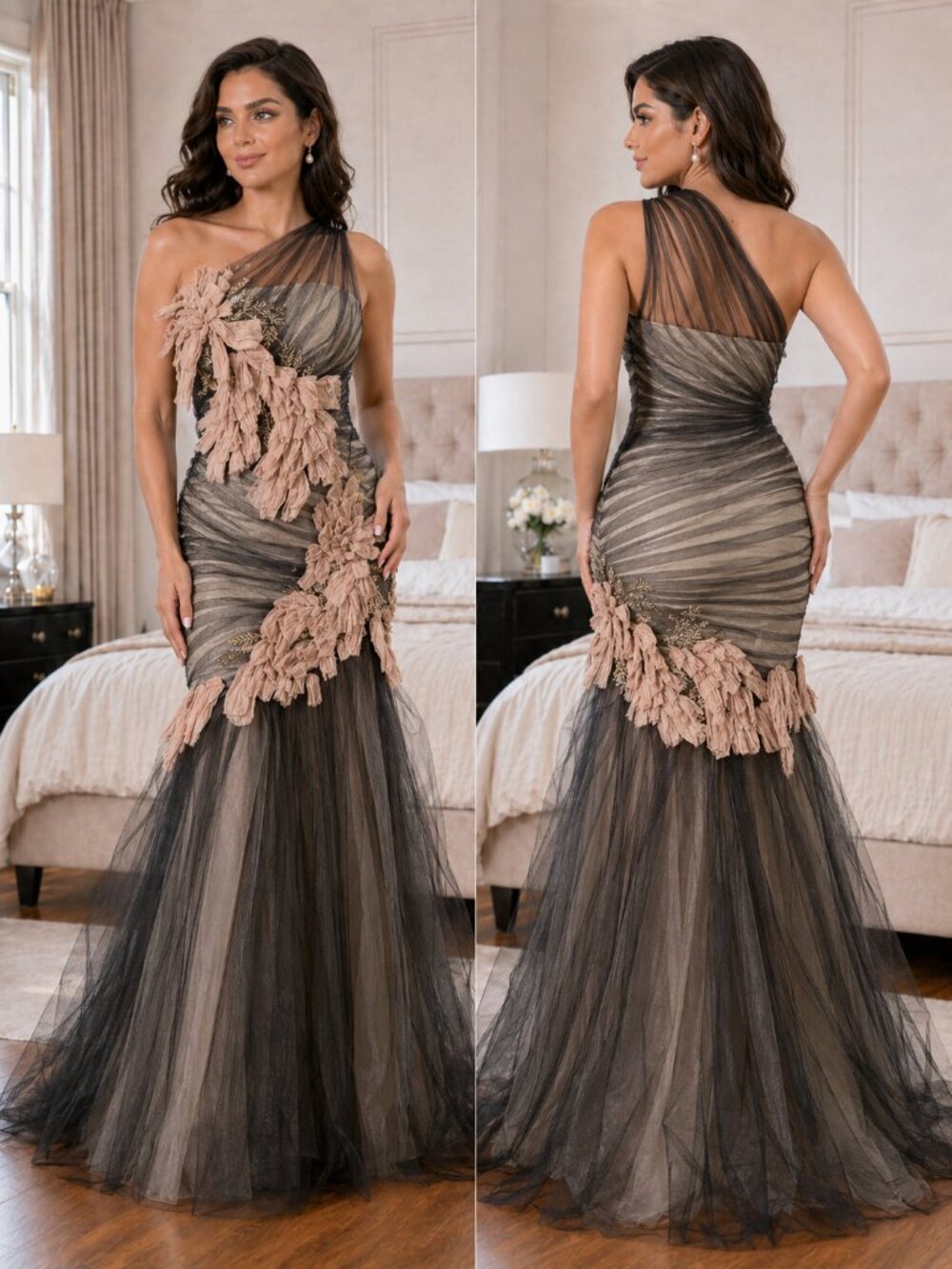 Monique Lhuillier Black Lace Mermaid Formal Gown $995